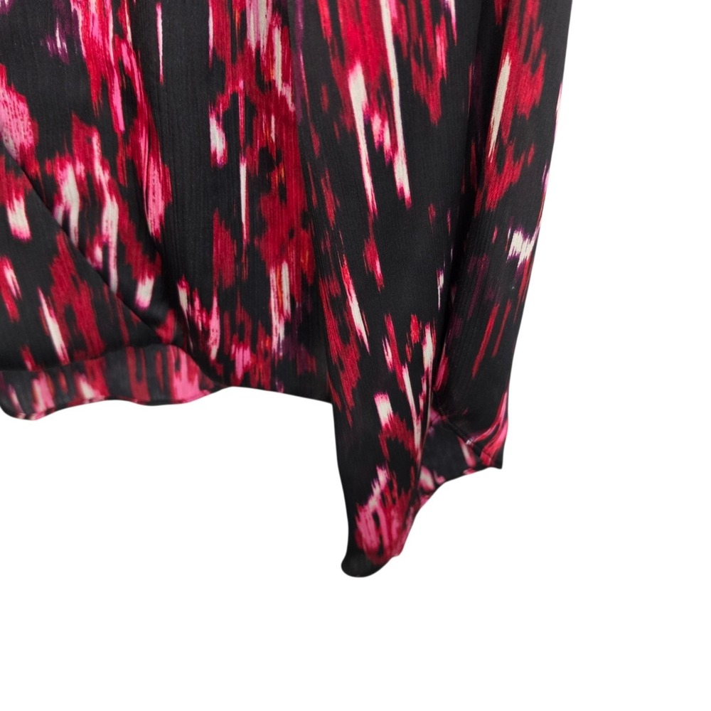 Vince Camuto Blouse M Pink Black Ikat Draped V Neck Long Sleeve Wrap Front Top - Picture 4 of 8